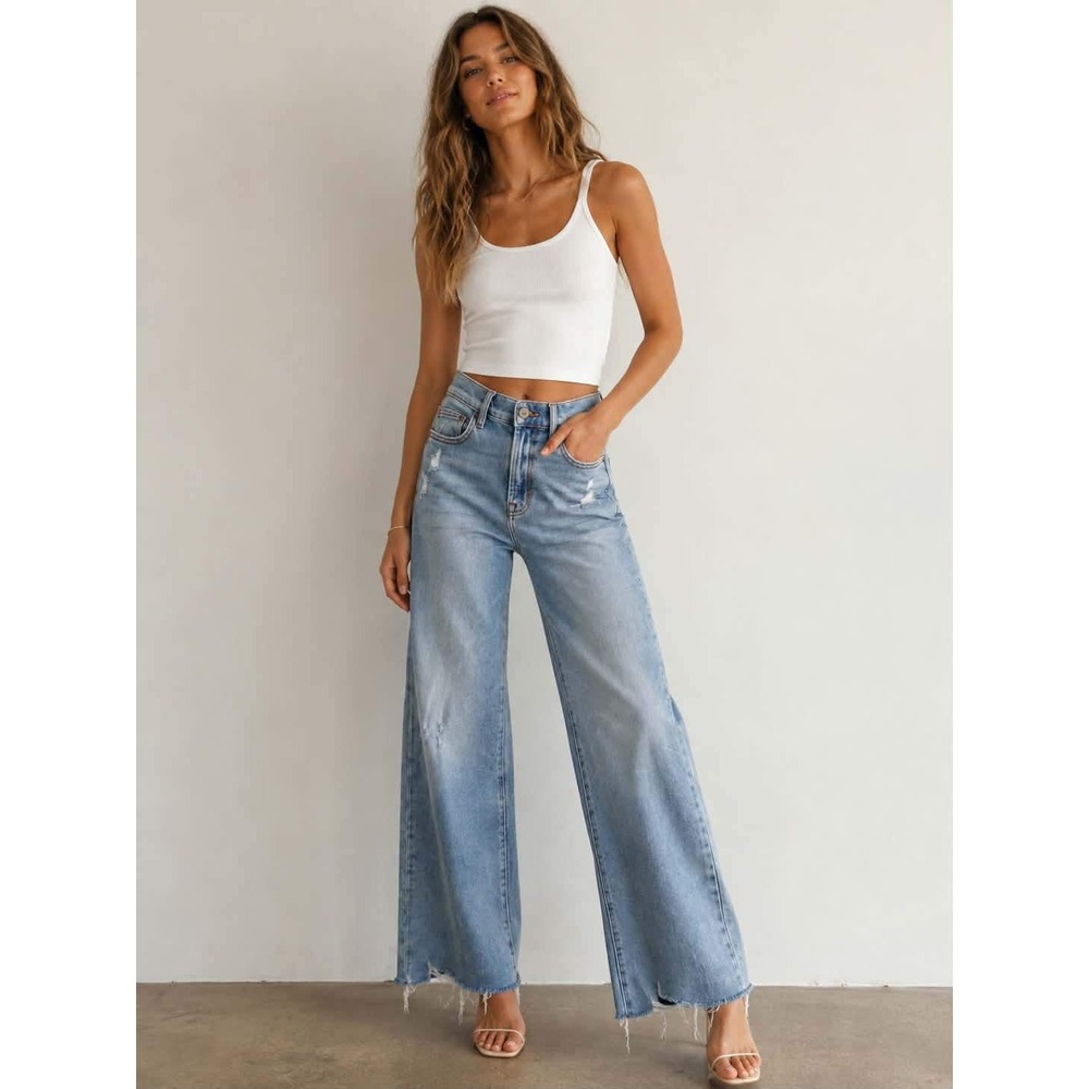 Hidden Los Angeles High Waisted Wide Leg Distressed Raw Hem Jeans Light Wash 24